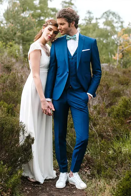 Costume sur mesure mariage en toile de laine et kid mohair bleu canard