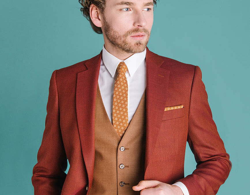 Josselin – Costume mariage 2 pièces terracotta à gilet droit