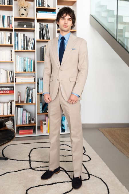 Damon, costume en coton beige, samson sur mesure Damon, costume en coton beige, samson sur mesure