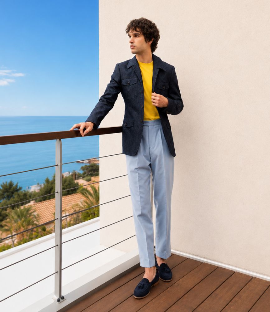 Douglas, veste saharienne denim samson sur mesure